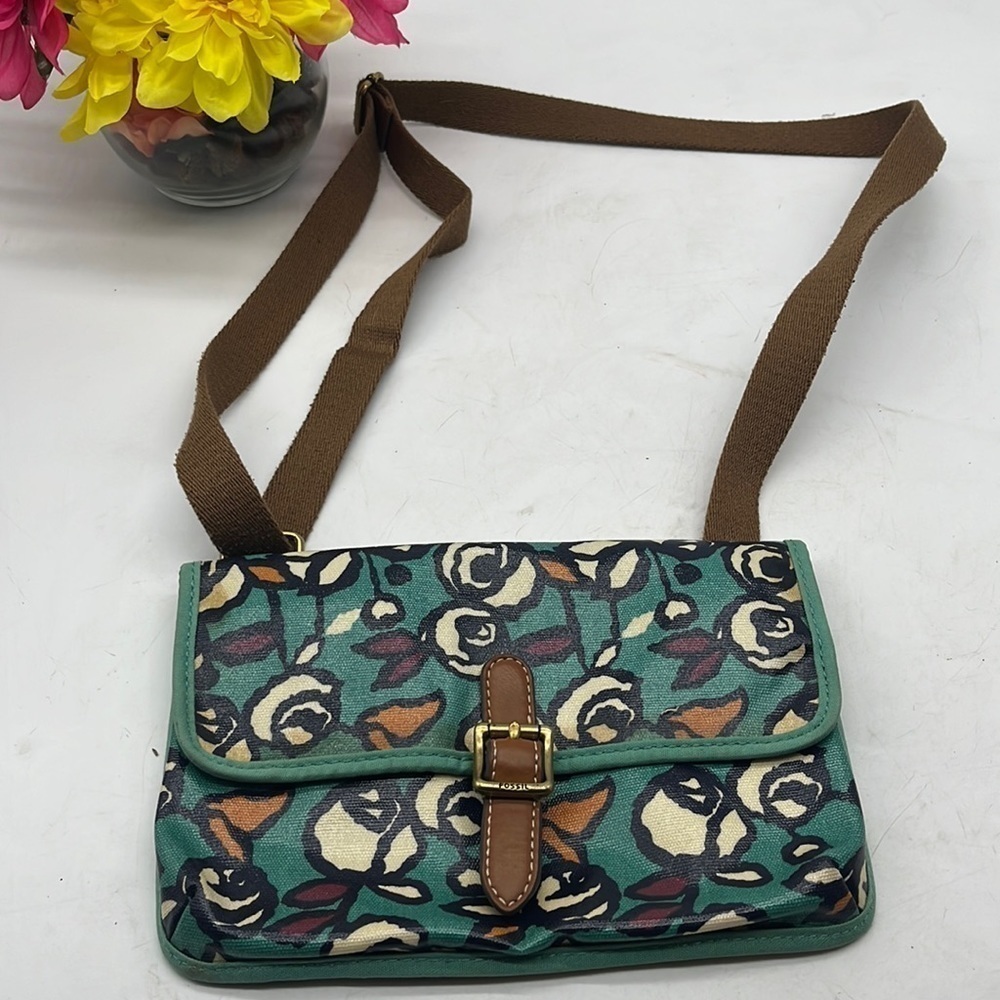 Fossil Teal Patterned Small Plastic Coated Crossbody Bag with Adjustable Strap